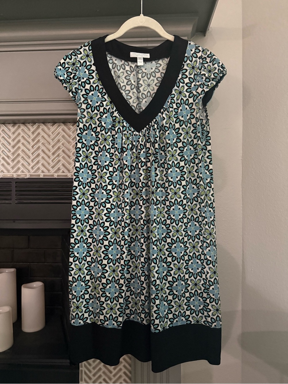 London Times Light Blue Floral V-Neck Dress with Black Trim